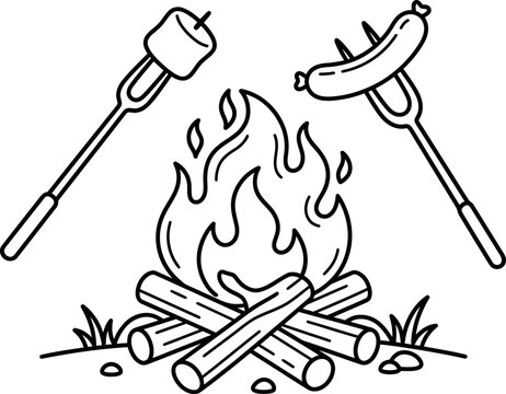 Campfire with roasting marshmallow and sausage outline illustration campfire roasting marshmallow