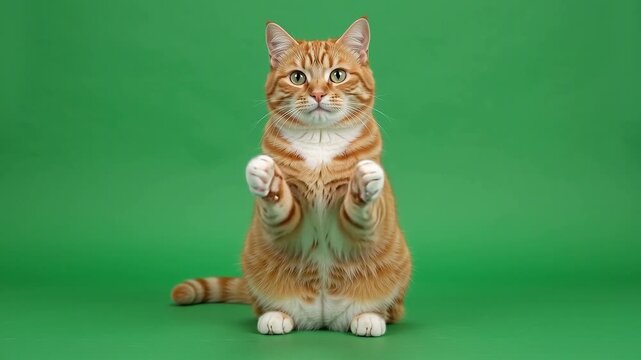 Orange cat clapping its paws on a green screen background