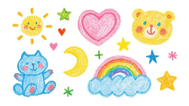 Growth and joy concept featuring a smiling sun, blue cat, bear, heart, moon, and rainbow in colorful crayon style