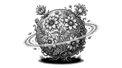 Flower covered globe with planetary ring and stars. © jaya