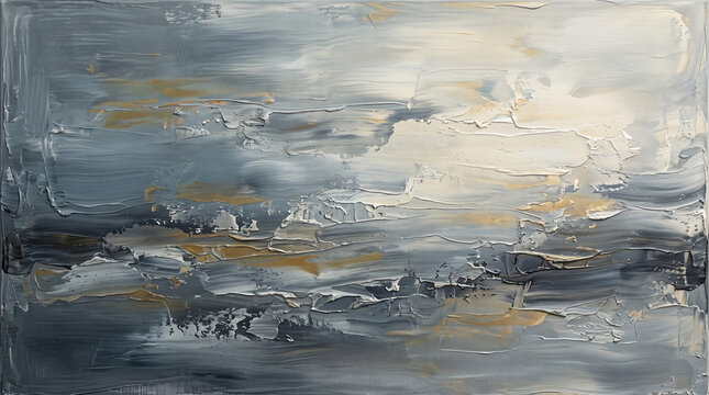 Abstract oil painting with heavy impasto texture in shades of grey, white, and gold, creating a moody and atmospheric landscape effect