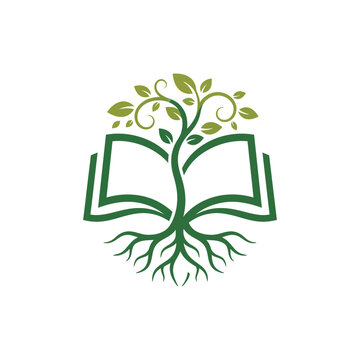 Tree of knowledge logo icon. Education concept with book and growing plant roots.