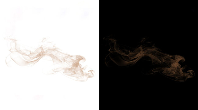 Ethereal brown smoke wisps on white and black background, swirling steam texture, abstract coffee aroma vapor for food and beverage design