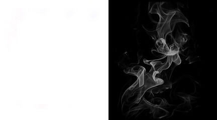 Obraz premium Ethereal white smoke swirls on black background, wispy steam vapor texture, abstract flowing smoke plumes for overlay and design