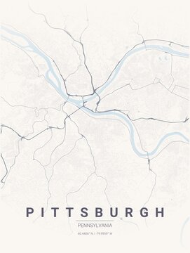 Modern Pittsburgh City Map Poster Design, Pastel Dream Style Urban Street Grid Cartography