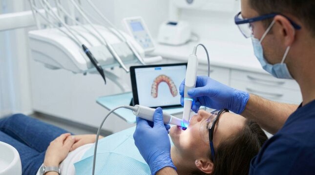 Dentist scanning patient&rsquo;s teeth while digital dental arch appears on monitor
