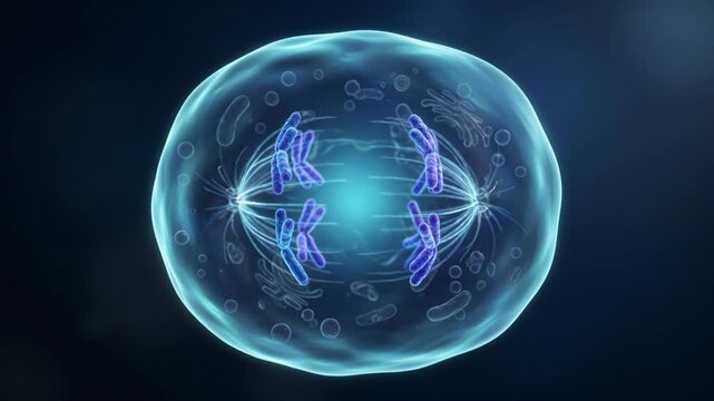 Microscopic Human Cell Undergoes Mitosis Process As Chromosomes Separate Along Spindle Fibers
