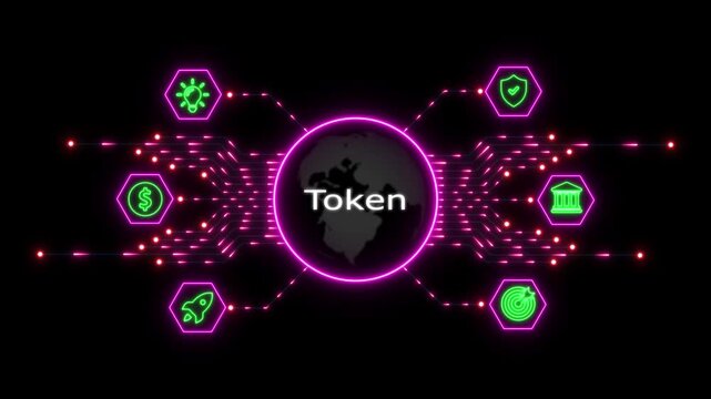 Digital token cryptocurrency ecosystem concept with glowing neon and global network connectivity blockchain
