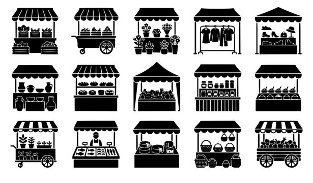 Street food stalls and outdoor market retail kiosks black icons set featuring local bazaar tents, grocery stands, marketplace booths, awning counters, commercial carts, and festival fair merchandise v