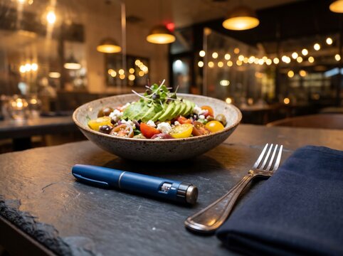 Medical Peptide Injector Pen Beside Healthy Fresh Salad in Restaurant