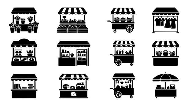 Street food stalls and outdoor market retail kiosks black icons set featuring local bazaar stands, grocery food trucks, marketplace booths, awning counters, and festival fair merchandise vector illust