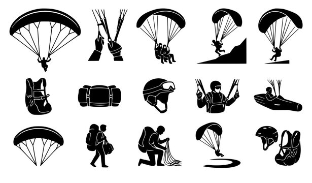 Skydiving and paragliding extreme air sports icons set featuring paragliders canopy flight, skydivers jumping, safety helmets, alti-meter, wing gear pack, and parachute landing maneuvers vector illust