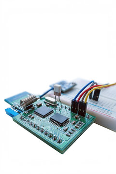 Electronic circuit board with coil antenna on breadboard