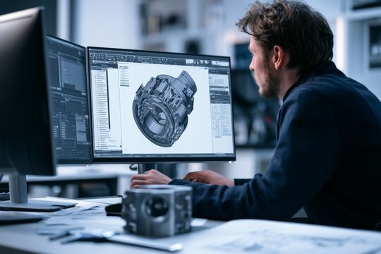 Engineer designing mechanical part on CAD software, industrial product development and precision technology concept