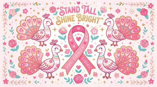 Cute pink peacock birds with breast cancer awareness ribbon illustration