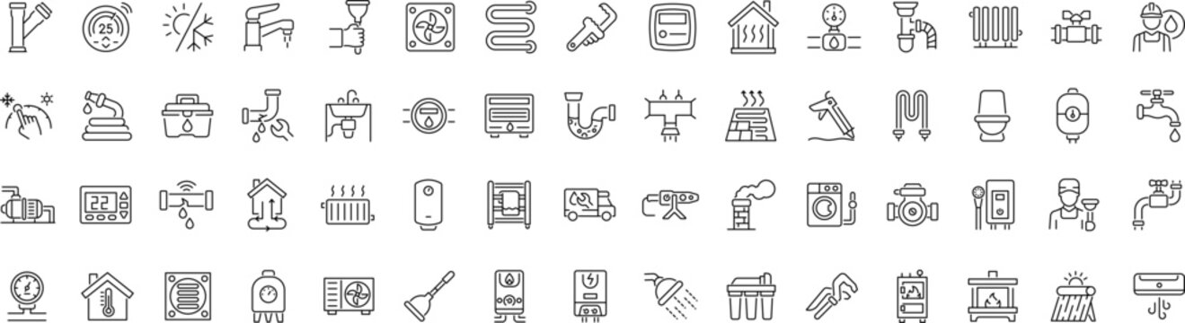 Plumbing and heating service icons set in thin line style.
