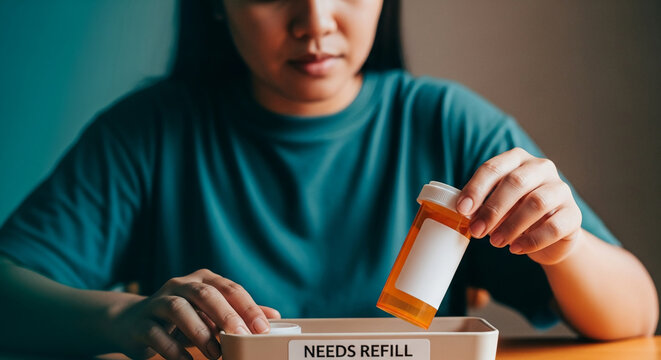 Woman holding an orange prescription medicine bottle over a bin labeled needs refill for healthcare and medication management concept.