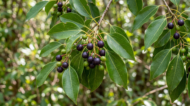 Detailed view of dark purple ripening berries and glossy green leaves on a Cinnamomum camphora branch, natural botanical photography.