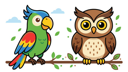 Naklejka premium Cartoon Birds: A colorful parrot and a wise owl perch on a tree branch, depicted in a charming cartoon style with vibrant colors and friendly expressions.