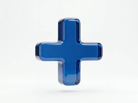 3D glossy blue plus symbol isolated on white background, glass style, modern minimal icon for medical, add button, positive concept