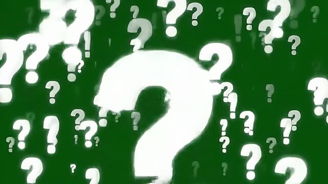 A bright green background filled with numerous question marks and exclamation points.