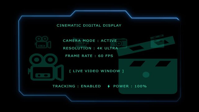 Futuristic camera interface with neon hud screen, video window, tracking status, and digital display elements on a dark background.