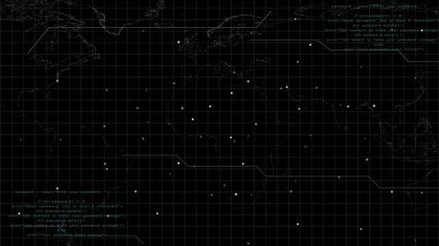 Dark world map on a grid with glowing points and code text, showing global network, data flow, cybersecurity, and digital communication in a modern tech background