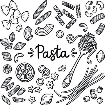 Hand drawn pasta types collection and spaghetti on fork vector illustration with spaghetti, macaroni