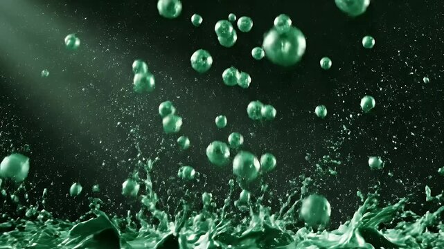 A dramatic splash of emerald green liquid against a dark background.