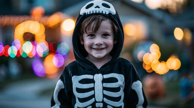 Boy in a Halloween costume smiling at the camera.