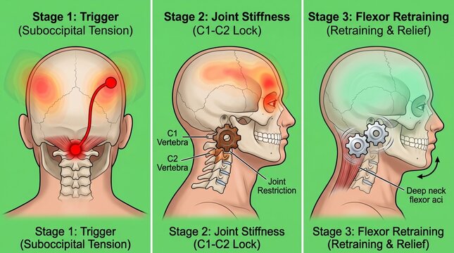 Medical illustration of neck pain stages. Anatomy diagram showing cervical spine relief.