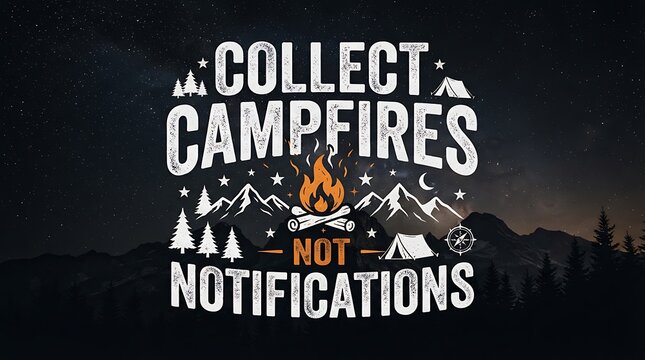 Inspirational typography design about collecting campfires instead of digital notifications for outdoor lovers.