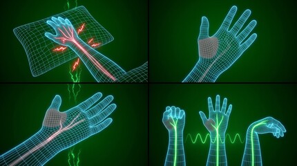 Naklejka premium Digital human hand anatomy wireframe. Medical 3D model of nervous system and nerve signals.