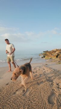 Man walking his airedale terrier dog on the beach at sunrise