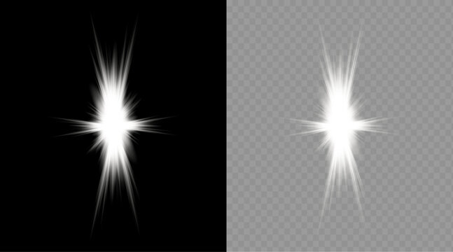 Bright white starburst light effect isolated on black and transparent backgrounds for graphic design and digital editing projects
