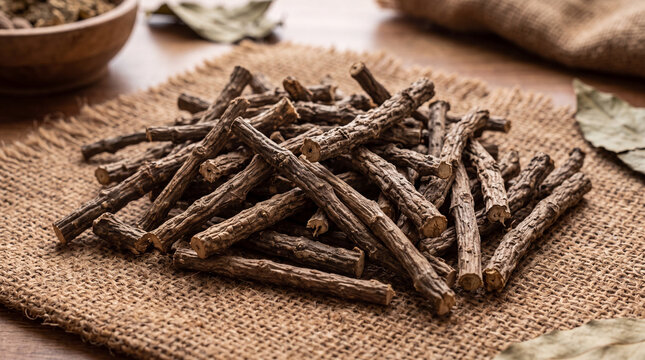 Close-up of medicinal Guduchi stems displayed in a wooden container with clay pots and an oil lamp in the background, highlighting traditional Indian herbal medicine.
