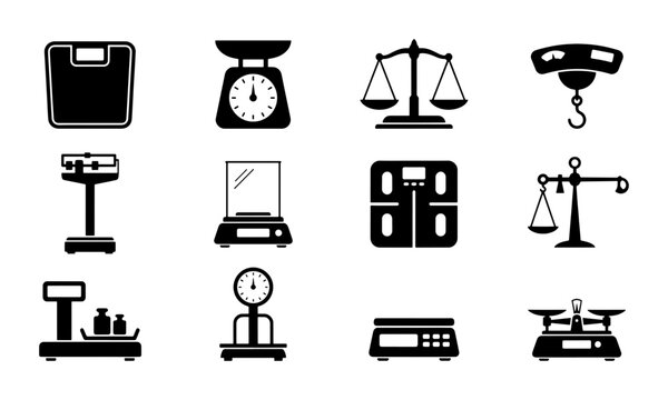 Vector Icons of Diverse Weighing Scales and Balances, Digital and Mechanical Measurement Tools, Precision Instruments for Weight and Mass