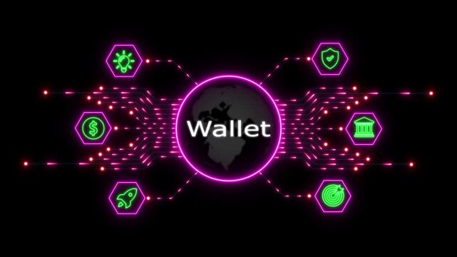 Digital wallet concept with glowing neon and global network connectivity fintech cryptocurrency blockchain