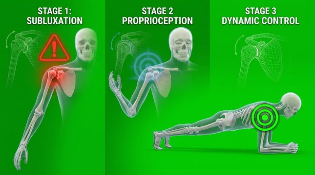 Shoulder rehabilitation stages infographic. Medical diagram of joint recovery and therapy.