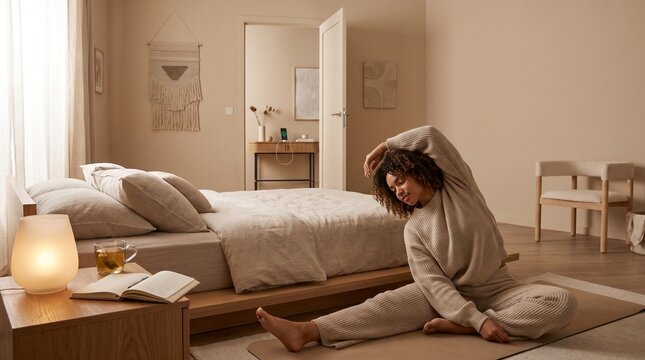 Young woman practicing gentle stretching exercises in a cozy minimalist bedroom before bedtime. Wellness, self-care, relaxation, healthy habits, and modern home lifestyle.