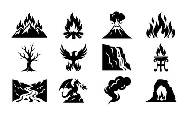 Fototapeta premium Fantasy Elements Icons Set: Fire, Volcano, Phoenix, Dragon, Tree, Waterfall, Landscape, Cave, Smoke, Mountains, Campfire, Torch