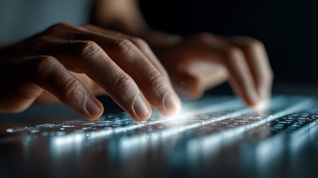  Hands typing on futuristic keyboard representing advanced technology.

