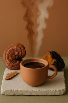 Aromatic Reishi and Chaga Mushroom Coffee in Ceramic Cup