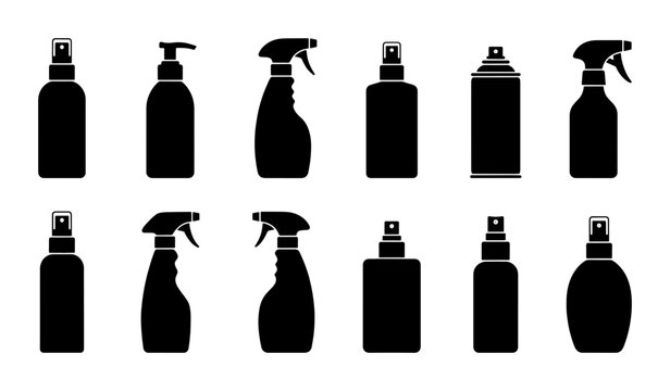 Set of 12 Black Silhouette Spray Bottles and Dispensers, Vector Icons for Cleaning, Cosmetics, and Personal Care Products