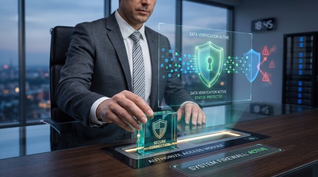 Man in suit activating secure access module with transparent glass key card, futuristic data verification interface, protected status display, high-tech authorization system