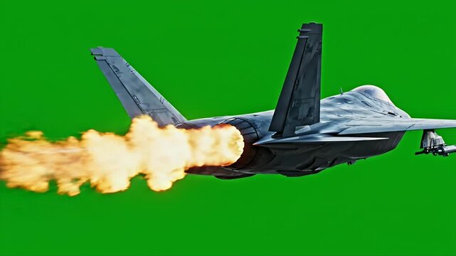 A military fighter jet unleashes a powerful exhaust stream against a green backdrop.