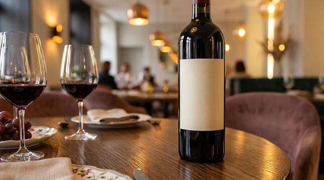 Red Wine Bottle with Blank Label on Restaurant Table with Glasses