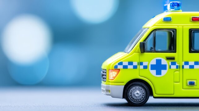 Miniature yellow ambulance emergency vehicle model close up shot concept for healthcare service and rapid medical response care