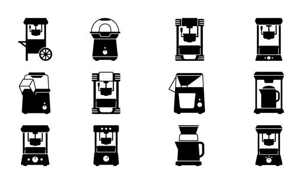 Kitchen Appliance Icons: Coffee Makers, Popcorn Machines, and Beverage Appliances, Black and White Vector Set for Food and Drink Graphics