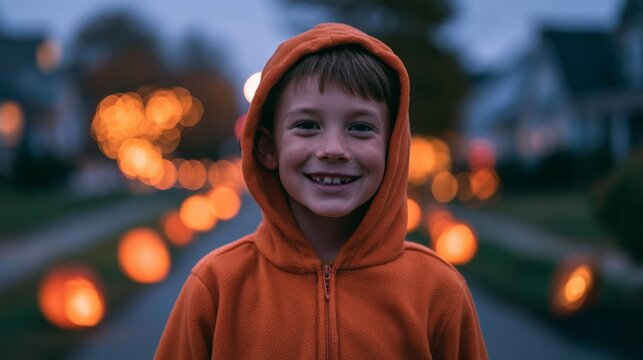 Boy in a Halloween costume smiling at the camera.